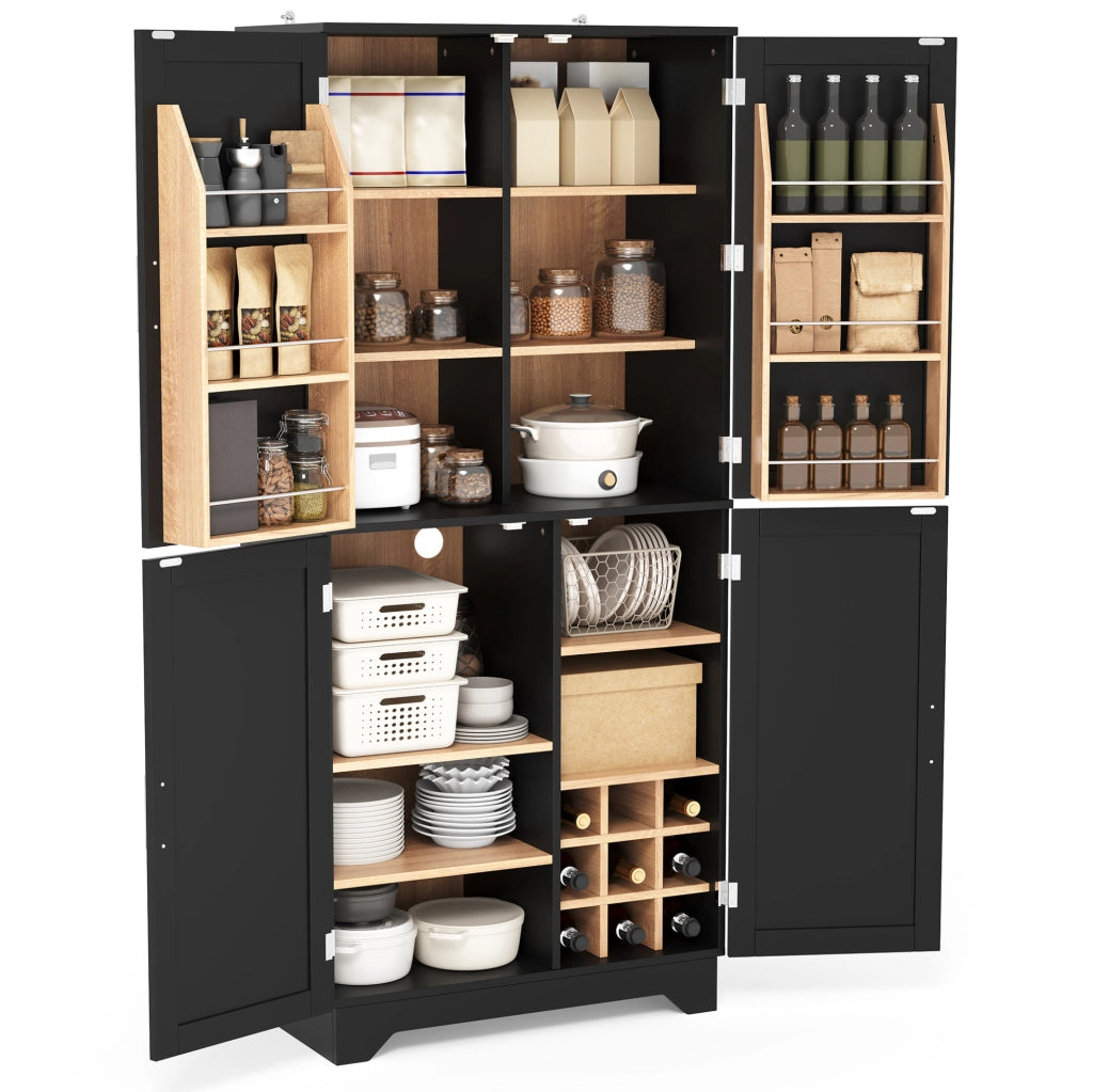 Armadio da cucina 80x40x180 cm con 4 ante; portabottiglie e ripiani in MDF nero naturale