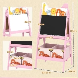 Cavalletto per bambini ULEVR 49x53,5x113 cm con lavagna e lavagna bianca, 2 contenitori, rosa
