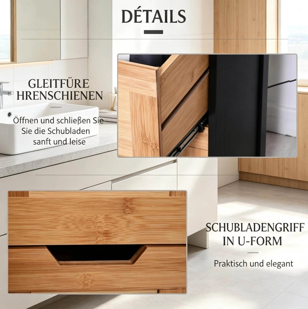 Mobiletto bagno alto in bambù e MDF con 3 ripiani e 2 cassetti, salvaspazio colore naturale e nero, 30x30x144,3 cm