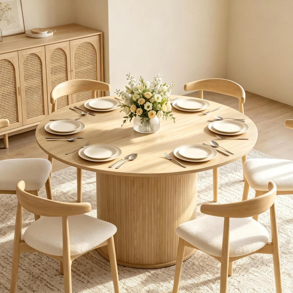 Tavolo da pranzo rotondo Ø 120 cm in finitura legno naturale con base cilindrica scanalata