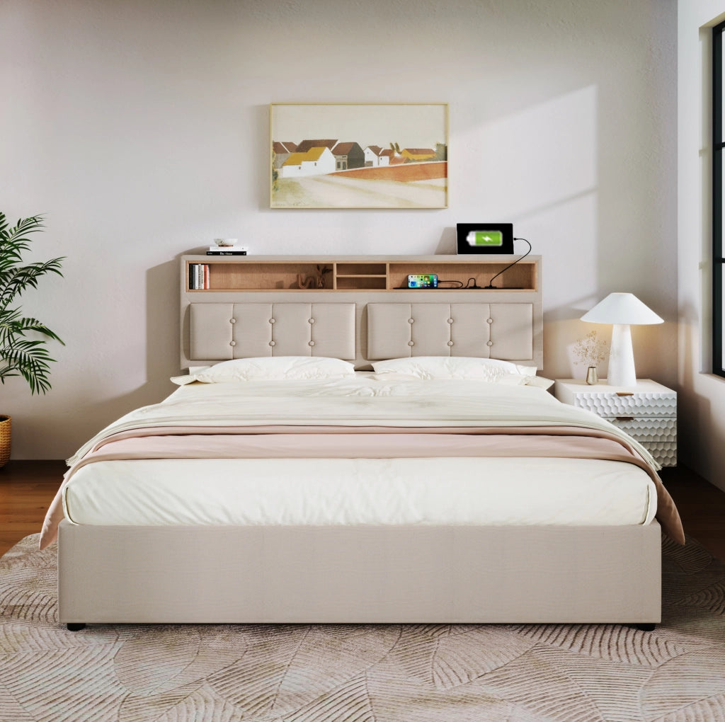 Letto imbottito beige 140 x 200 cm con 4 cassetti, prese USB e Tipo-C