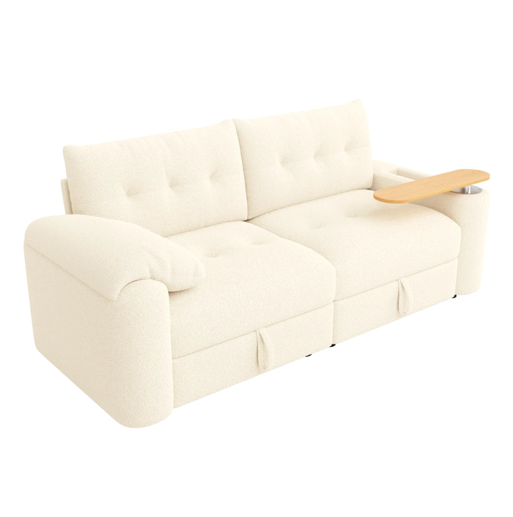 Divano modulare 2 posti in teddy beige con contenitore e tavolino