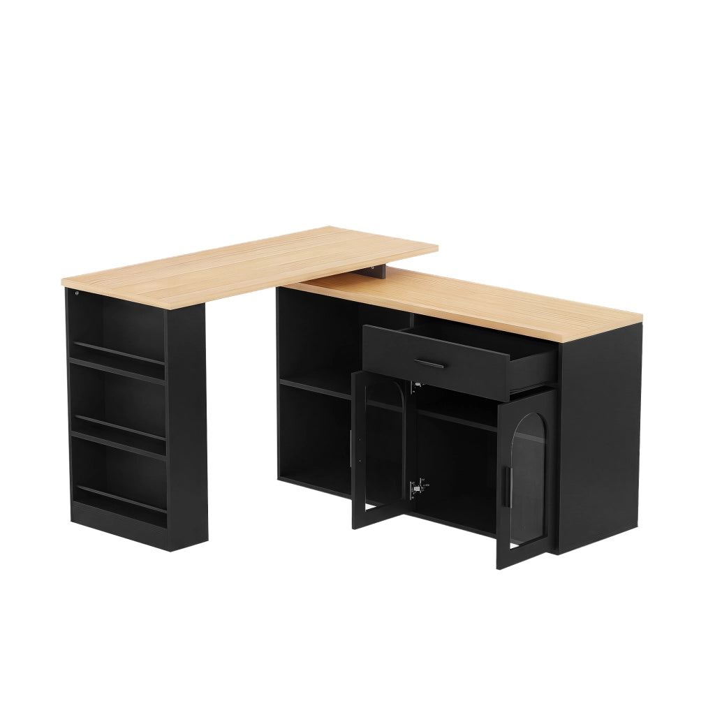Isola da cucina 136x50x78 cm con piano girevole a 360°; MDF nero e naturale