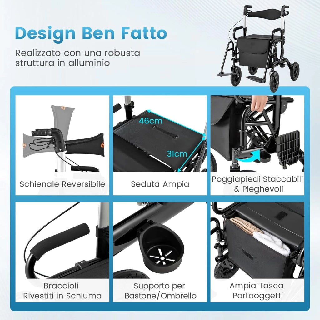 2 in 1 Deambulatore Pieghevole e Sedie a Rotelle per Anziani in Alluminio, Rollator Altezza Regolabile con Seduta e Freni, Girello per Anziani con Ruote Robuste, Carico Massimo 140 kg (Nero)