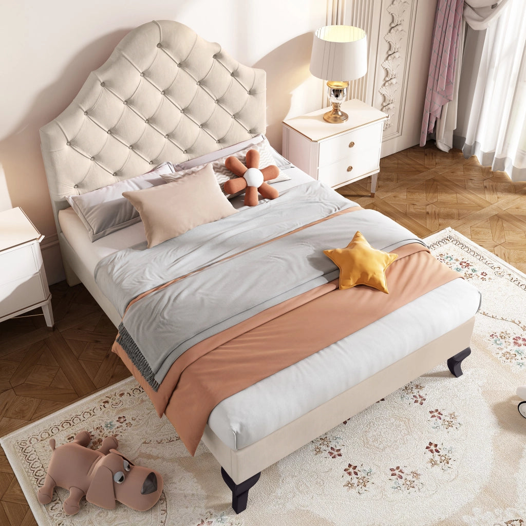 Letto singolo 90 × 200 cm con testiera regolabile imbottita e struttura stabile; senza materasso; in velluto beige