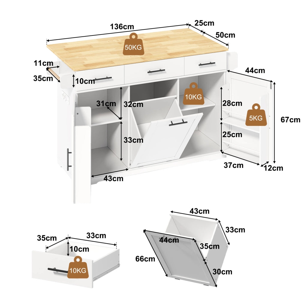 Isola cucina mobile 136x50(75)x92 cm con piano ribaltabile; prese USB e vano rifiuti HOMVRA
