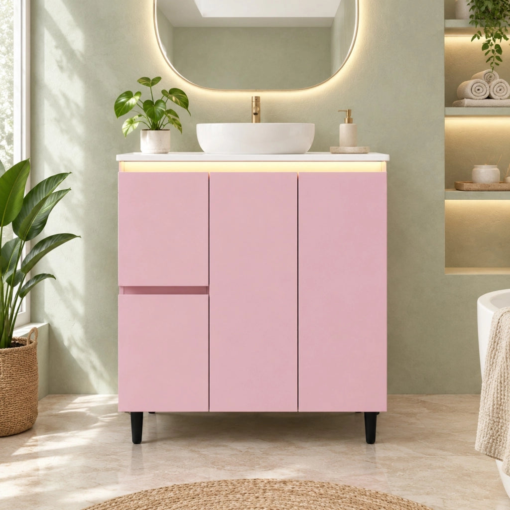 Mobile bagno con lavabo freestanding 76x47x89 cm rosa con luce LED a sensore HOMVRA