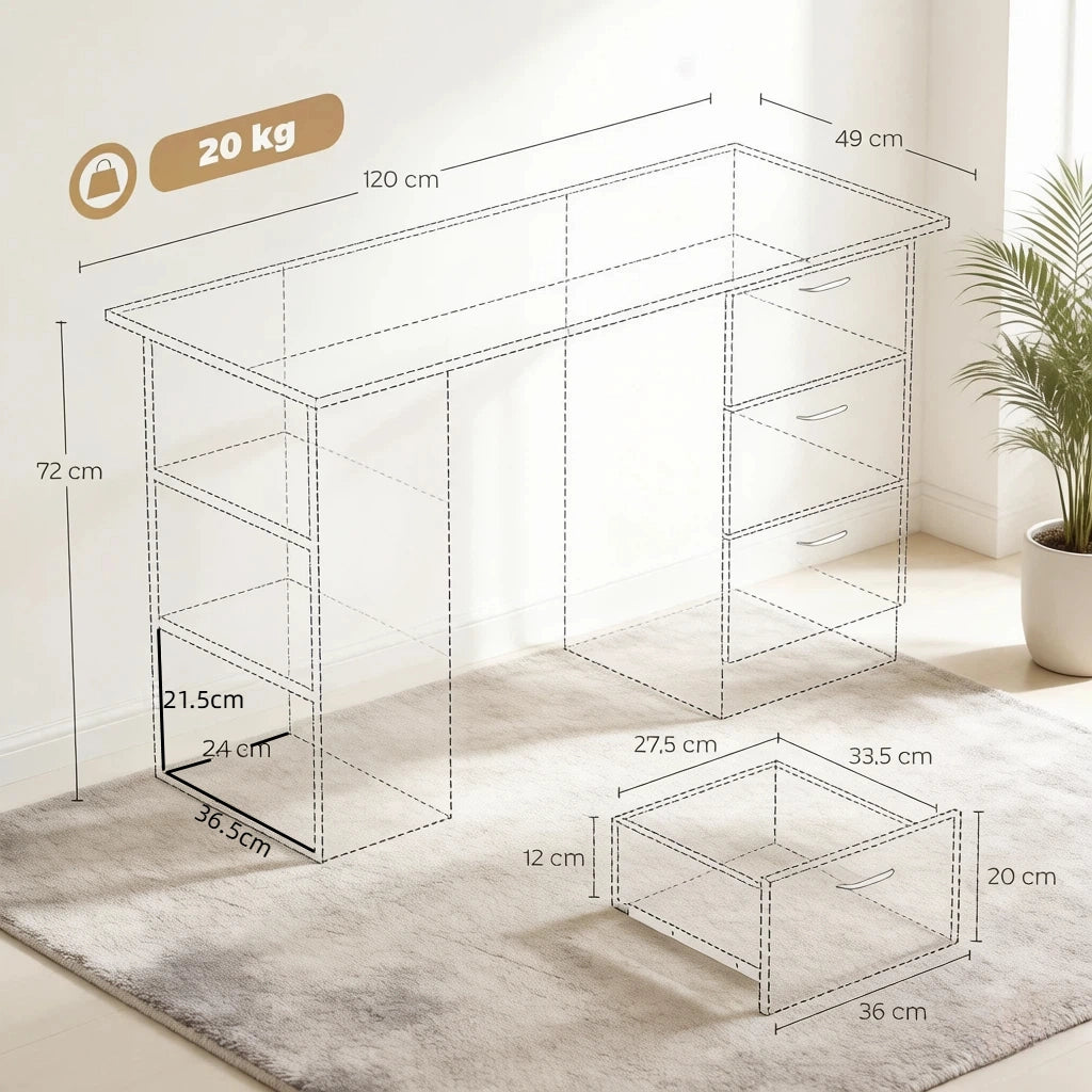 Scrivania per computer 120 × 49 cm con 3 ripiani e 3 cassetti reversibili per ufficio in MDF effetto legno nera