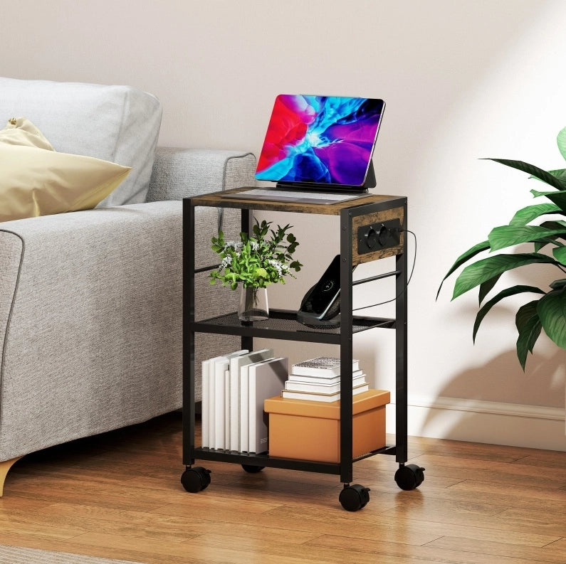 Supporto per stampante con ruote, prese elettriche, USB e USB-C, capacità 40 kg, colore marrone rustico