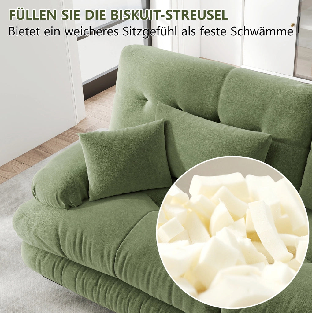 Divano angolare in chenille verde con 2 cuscini lombari, 2 cuscini decorativi e 2 pouf