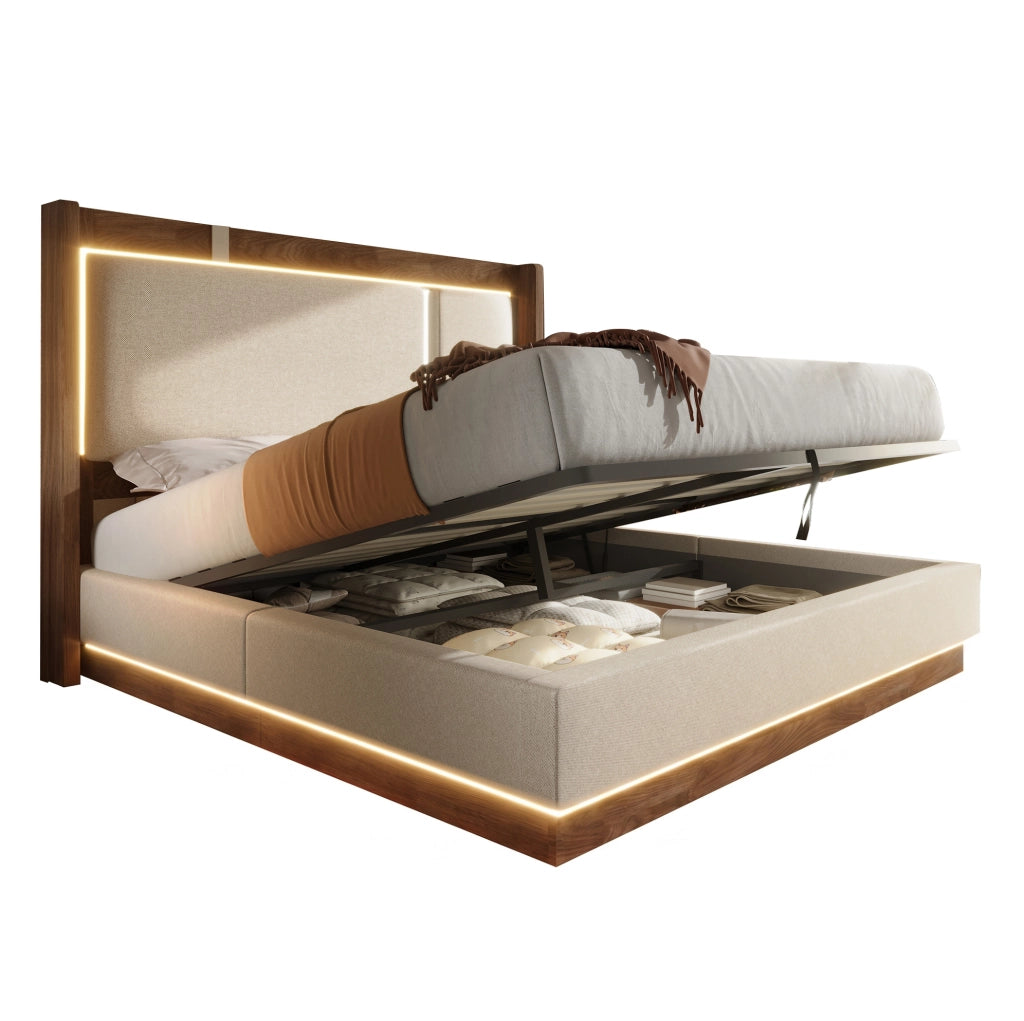 Letto matrimoniale 140x200 con contenitore idraulico, LED, rete e testiera imbottita beige