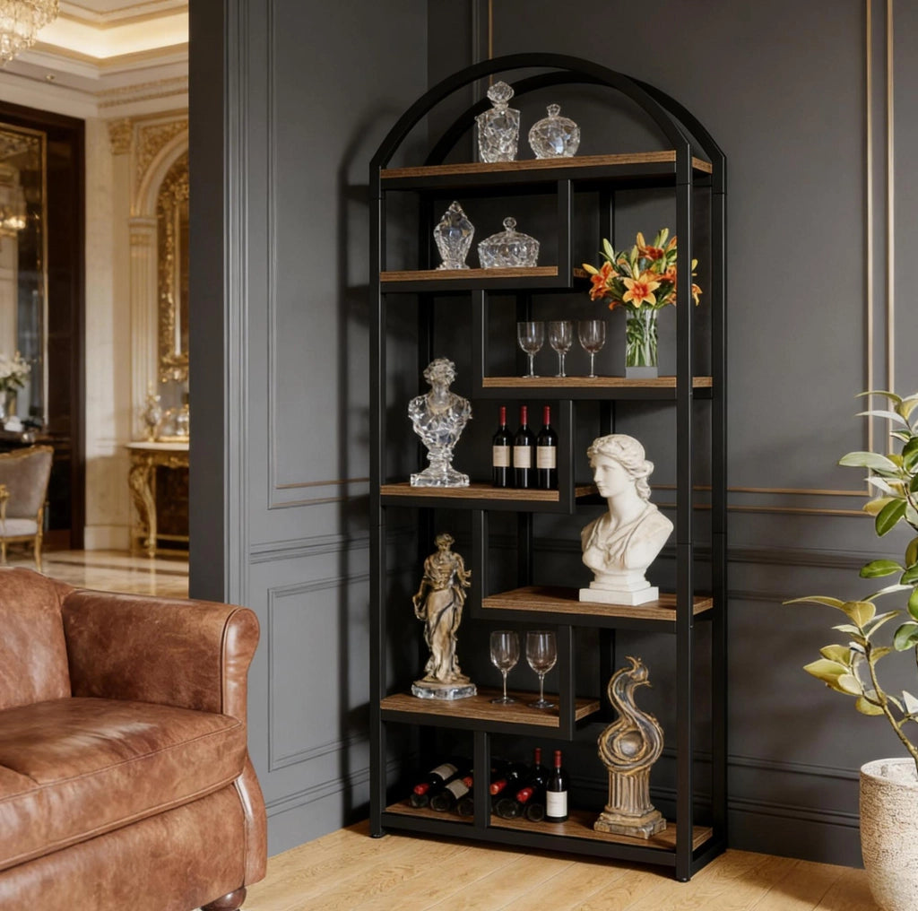 Libreria a 7 ripiani con struttura in metallo e ripiani in MDF, 180 cm, colore legno e nero