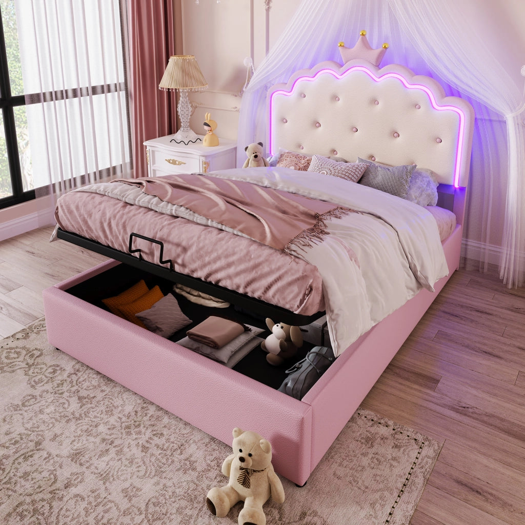 Letto Matrimoniale 140x200 cm; Letto con Contenitore; LED a Corona; in PU; Rosa