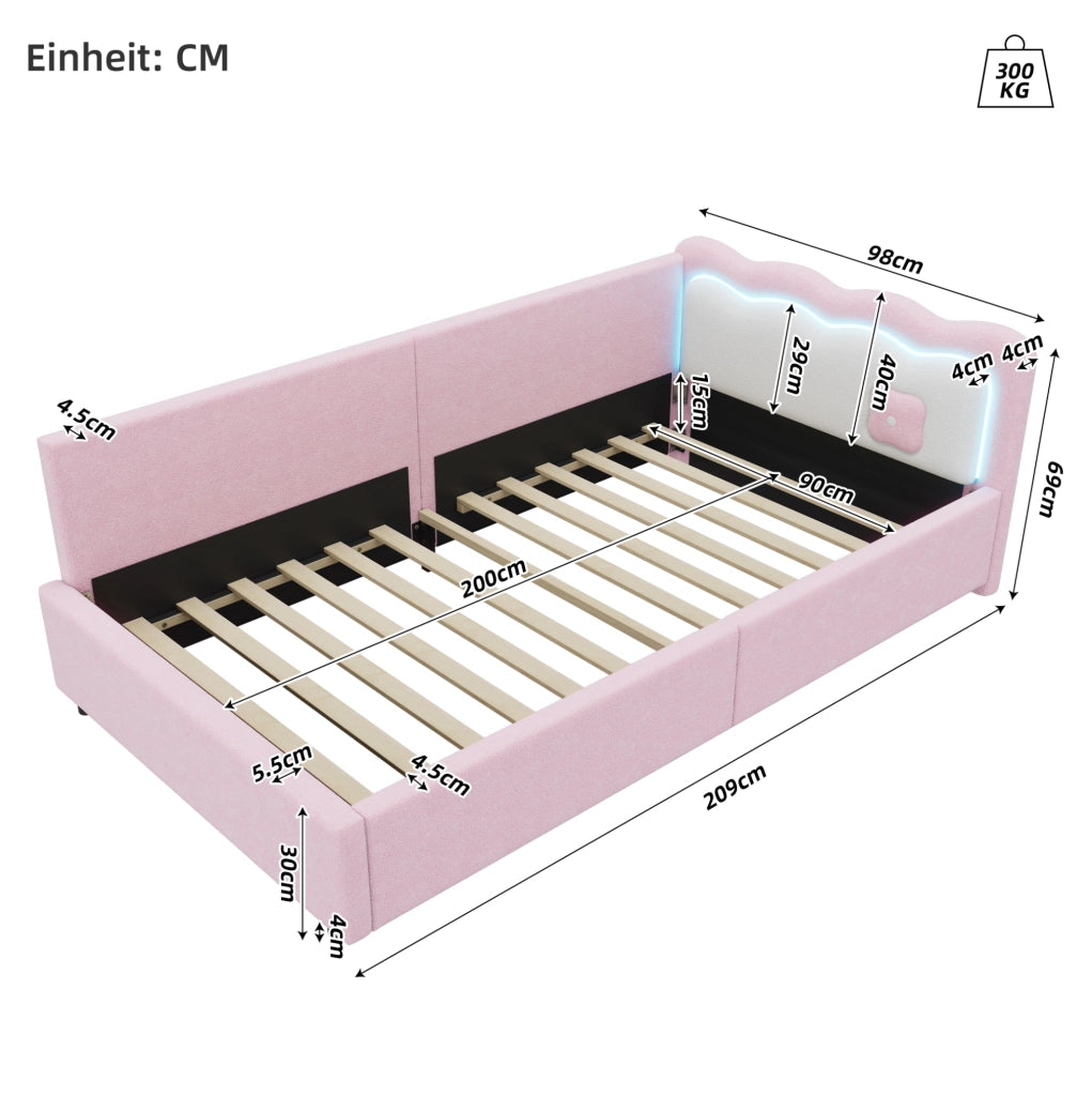 Letto da giorno con illuminazione LED ambientale; 90x200 cm; rosa