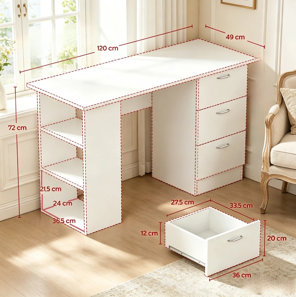 Scrivania per computer in MDF bianco con 3 cassetti e 3 ripiani