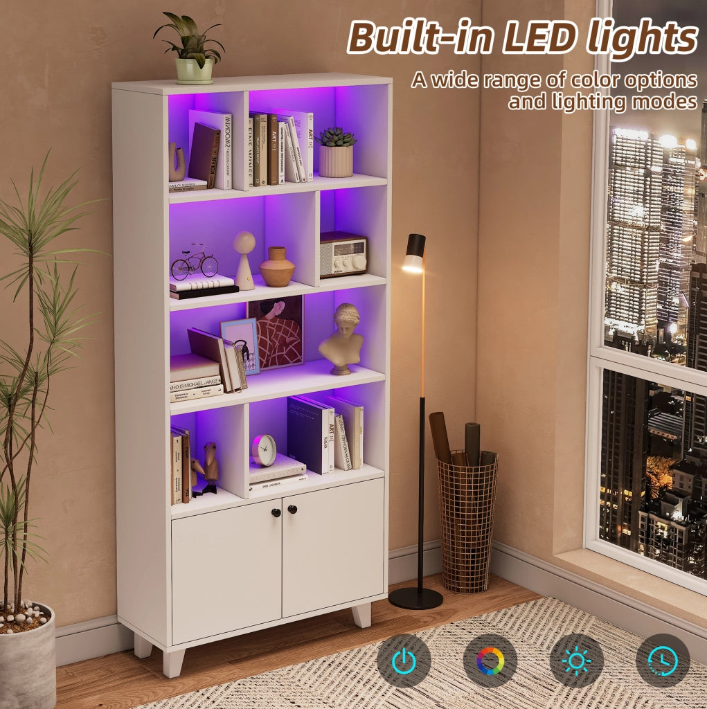Libreria bianca 80x30x173 cm con ripiani multipli, gambe in legno massello, porte doppie e illuminazione LED con controllo app