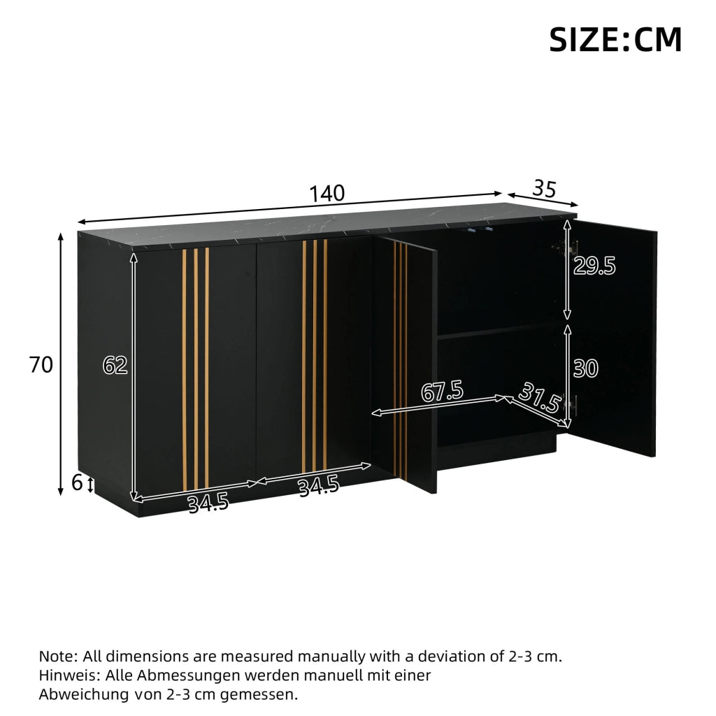 Madia con 4 ante e divisori regolabili in truciolato nero e oro con piano effetto pietra 35 × 140 × 70 cm