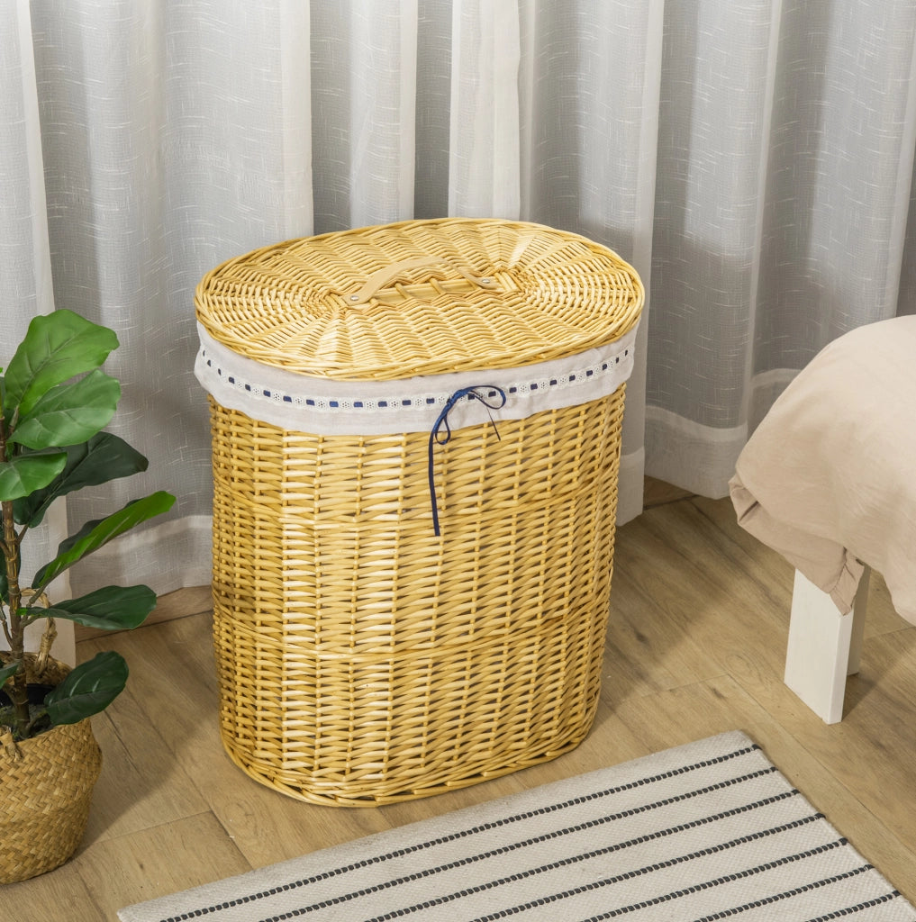 Cesto porta biancheria in vimini con coperchio 100L 51x38x57cm naturale per bagno e camera da letto