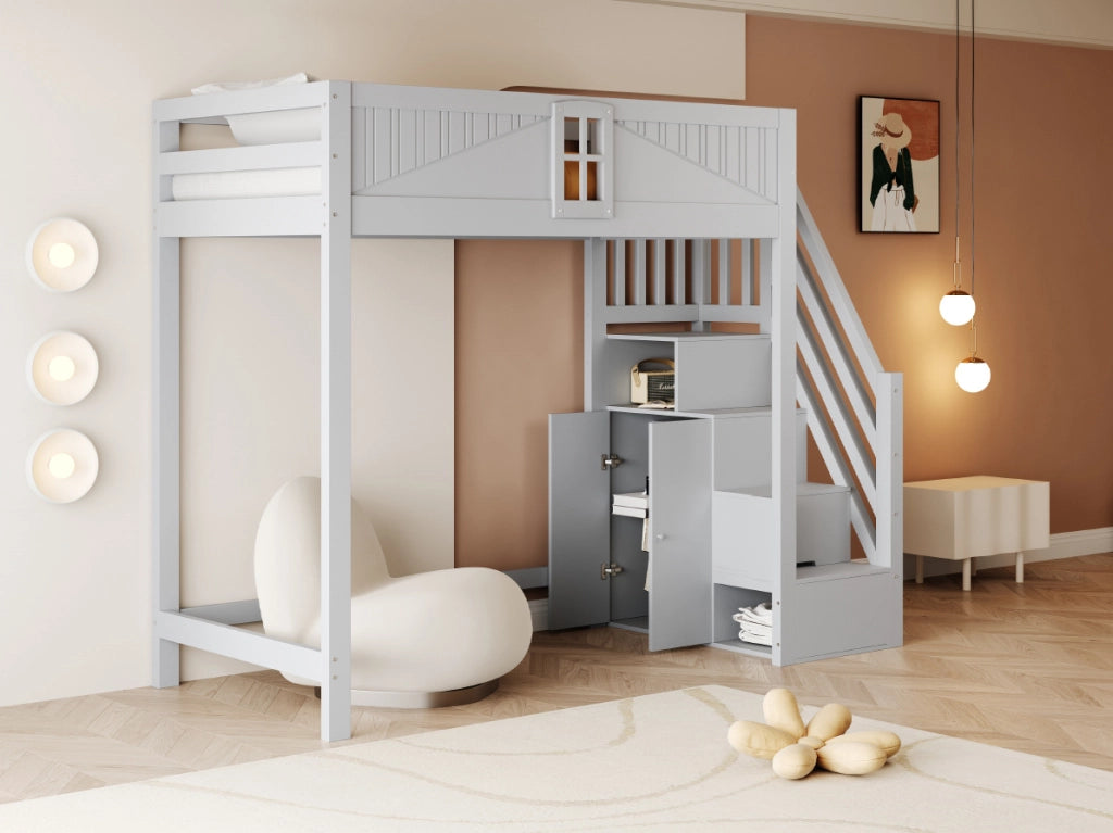 Letto a soppalco in legno massiccio 90x200 cm con scala laterale reversibile e pannello di sicurezza con finestra, colore grigio