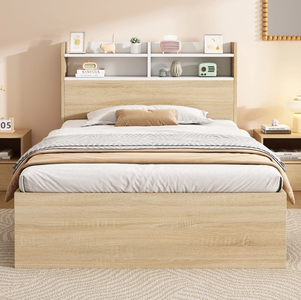 Letto 90x190 cm con ripiani testiera e 2 cassetti in legno bianco e rovere