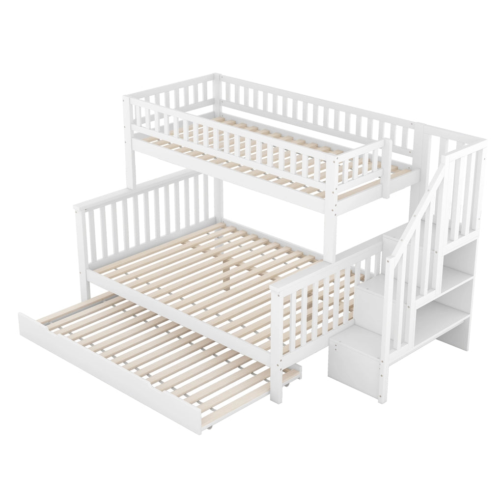 Letto a castello 90 × 200 cm e 140 × 200 cm con letto estraibile, mensole e scala, senza materasso, in pino bianco