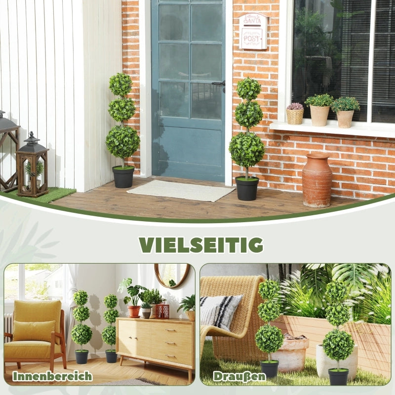 Albero artificiale a sfere set di 2 con foglie in PE resistenti ai raggi UV; verde; altezza totale 100 cm