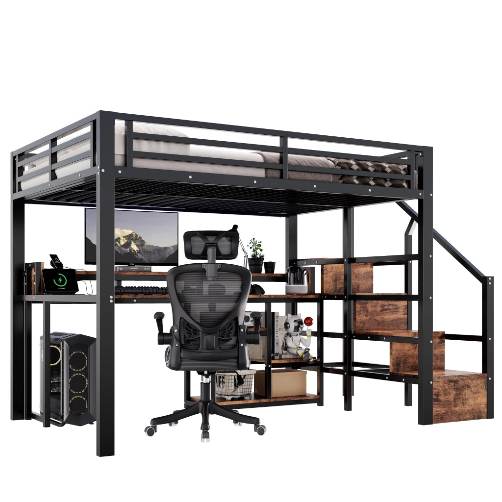 Letto a soppalco 140 × 200 cm in metallo e MDF nero con armadio scala ripiani LED USB e Type-C