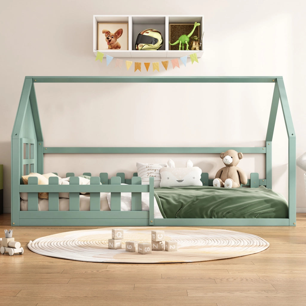 Letto a casetta 90 × 200 cm con 7 doghe struttura bassa in legno e MDF verde per cameretta