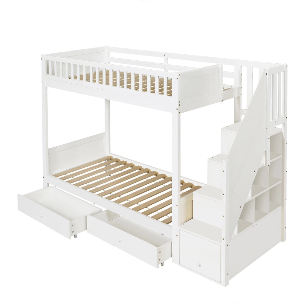 Letto a castello per bambini 90×200 cm 2 posti con scala contenitore, 2 cassetti e barriere, senza materasso, bianco