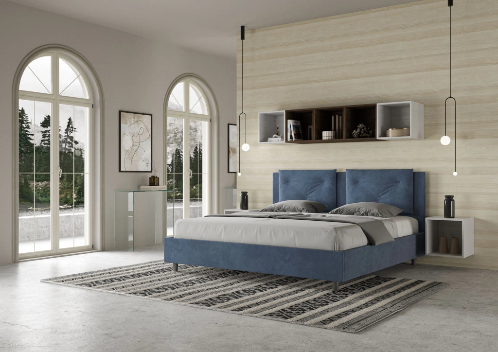 BS COM Letto matrimoniale king size con rete imbottito 170x210 microfibra blu