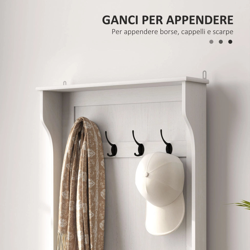 Mobile Appendiabiti 3 in 1 71,5x39,5x170 cm con 4 Ganci e Panca Contenitore in Legno Bianco