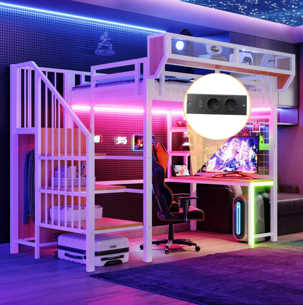 Letto a soppalco in metallo 90x200 cm con scrivania; scaffali; LED e prese; bianco