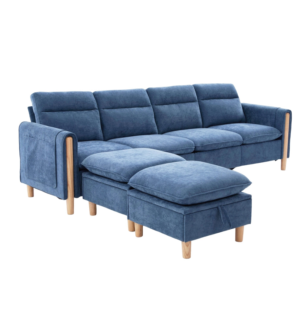Divano modulare a U 4 posti con 2 pouf contenitore; chenille blu; 261x77x86 cm