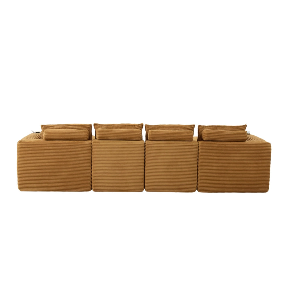 Divano modulare 4 posti con 2 pouf, tessuto in velluto arancione, cuscini, portabicchieri e tasche laterali