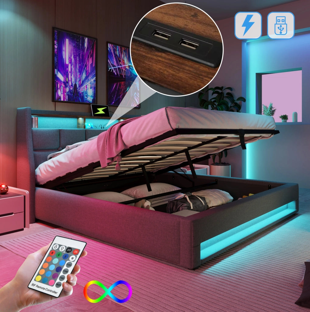 Letto imbottito 160 x 200 cm grigio con LED, USB e contenitore