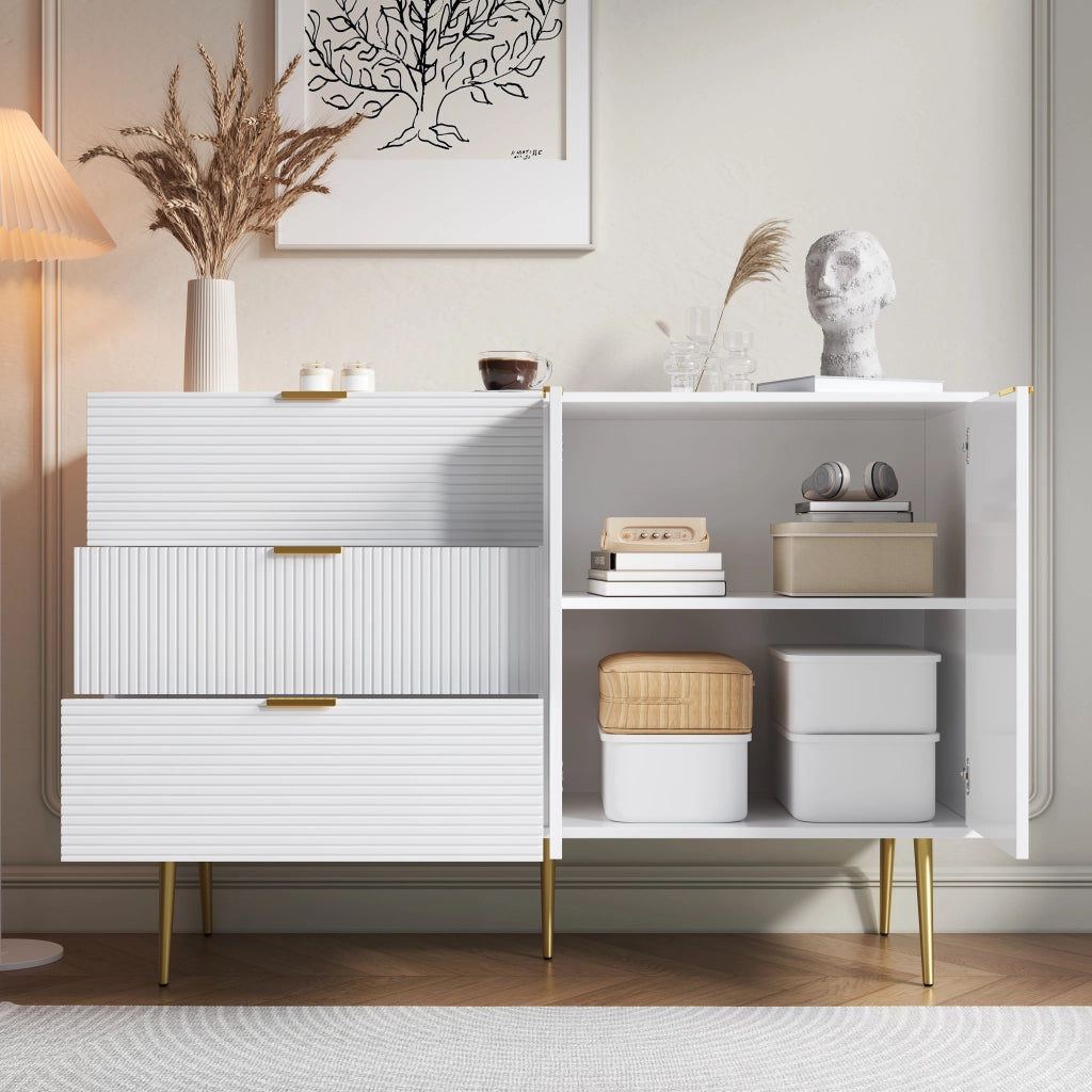 Credenza e madia con 2 ante, 3 cassetti e ripiani interni, stile moderno, in MDF, bianco e oro, 120 × 38 × 80.5 cm