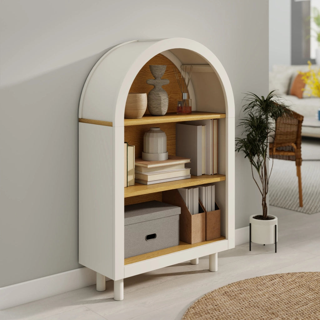 Libreria con vano portaoggetti, design moderno con bordo superiore arcuato, 3 ripiani, bianco effetto legno, per soggiorno, camera da letto e ingresso