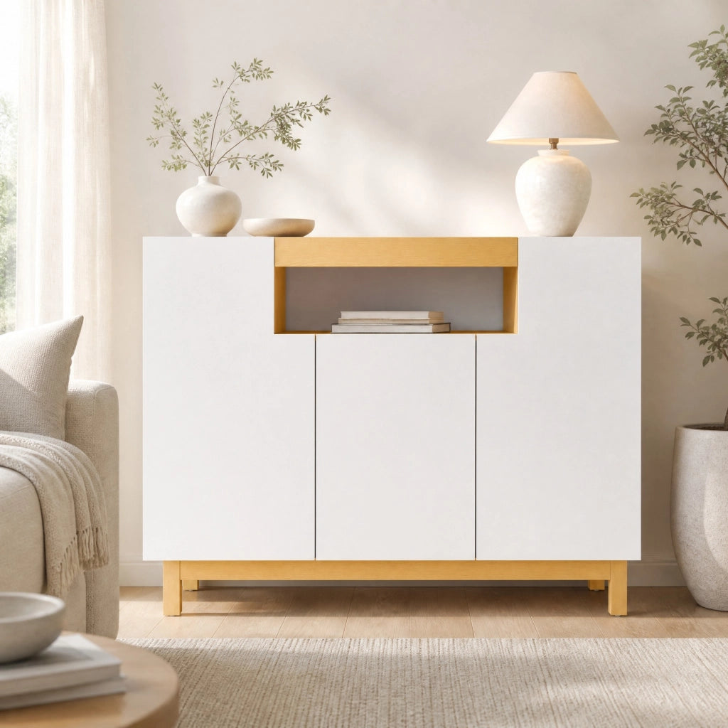 Credenza moderna bianca con 3 ante e vano a giorno