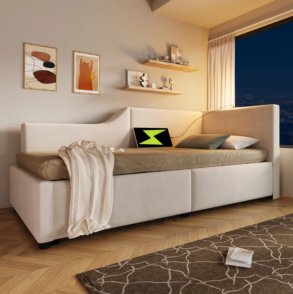 Letto a giorno 90x200 cm con contenitore; lampada da lettura e USB C; velluto beige