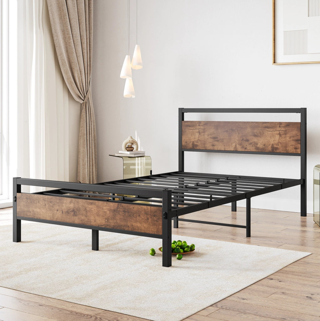 Letto 140x200 cm con rete a doghe in acciaio e pannelli in MDF marrone antico