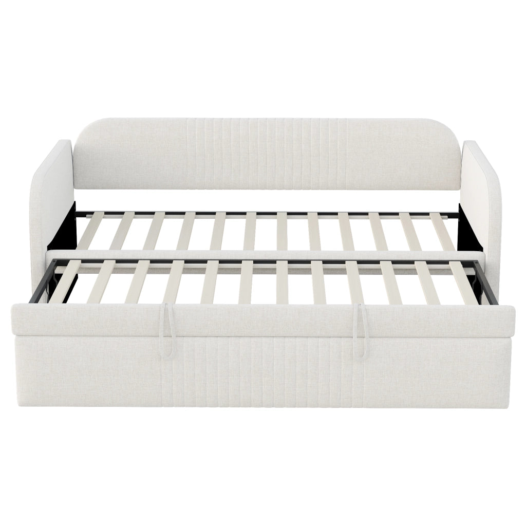 Divano letto imbottito 90x190 cm allungabile a 180x190 cm; beige; con rete a doghe