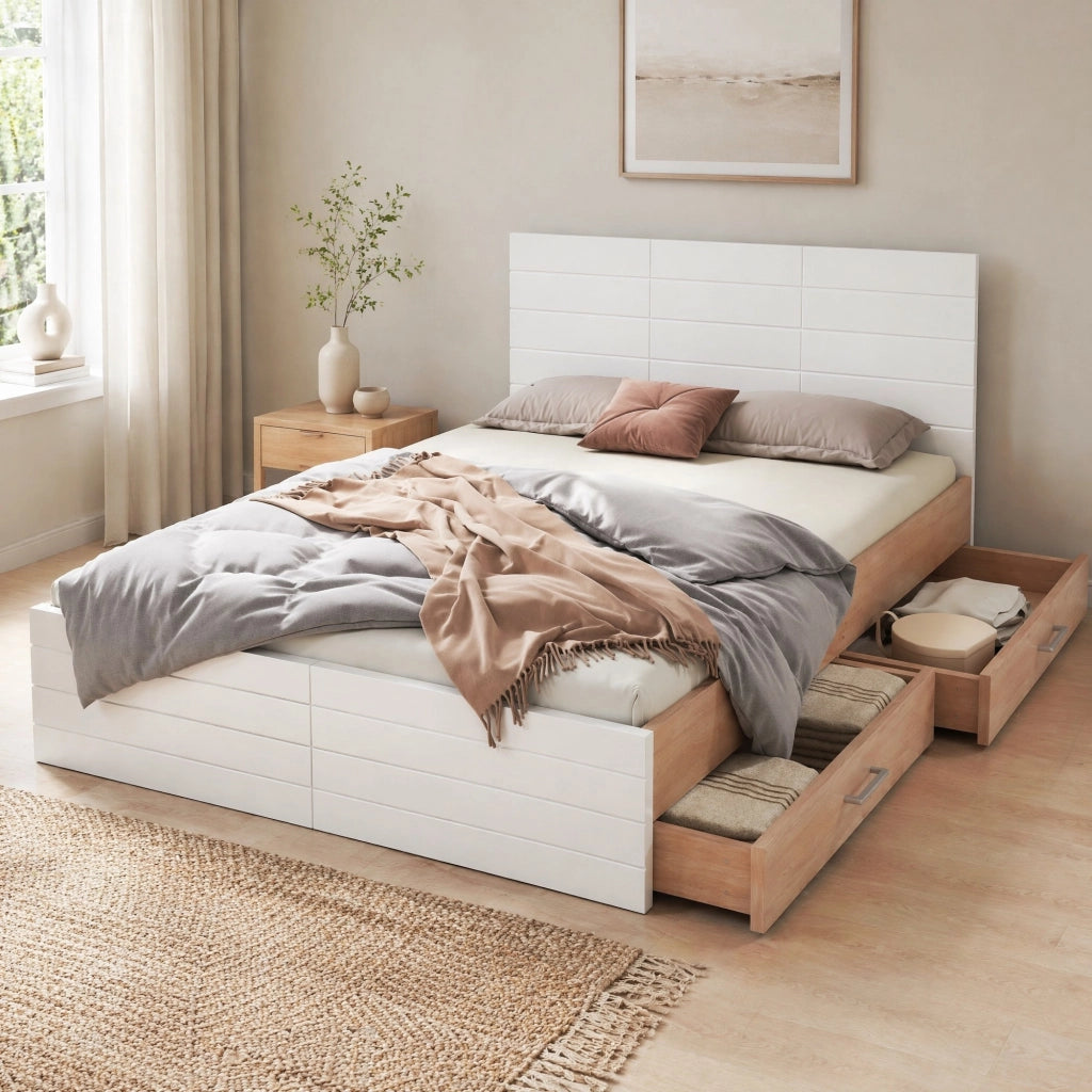 Letto matrimoniale in legno con 2 cassetti e rete, design moderno salvaspazio