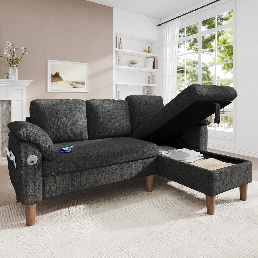 Divano angolare 3 posti 181x125 cm con chaise longue reversibile, USB-C e chenille grigio scuro
