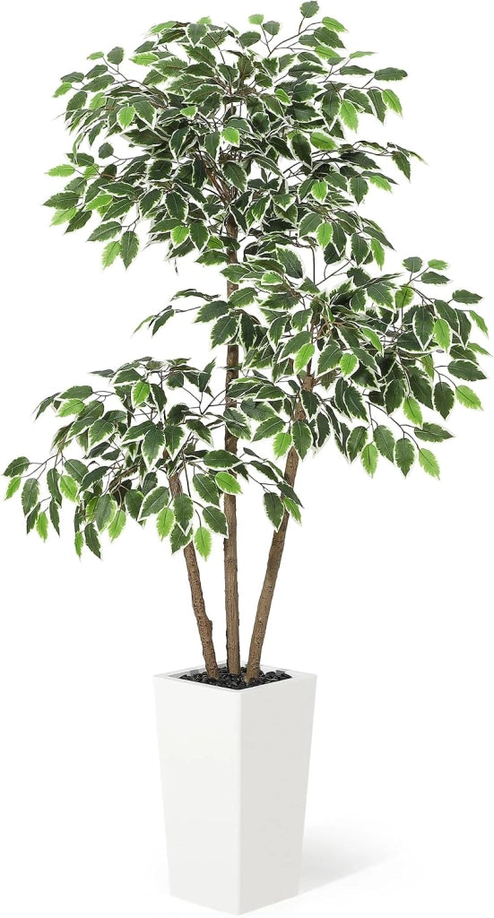 Ficus Artificiale 150 cm con Triplo Tronco Vaso Alto e Fogliame Folto