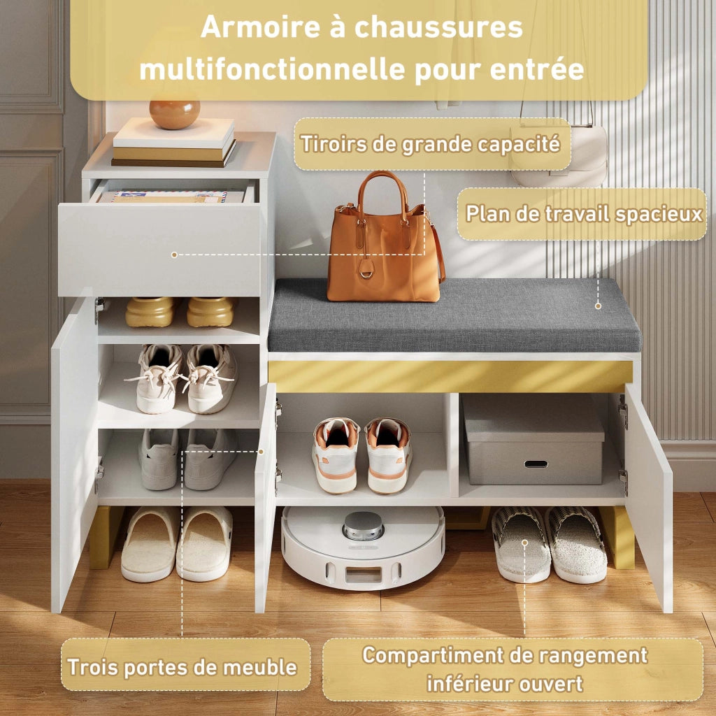 Scarpiera 2 ante con cassetto e panca imbottita per ingresso in MDF bianco con finitura parzialmente lucida