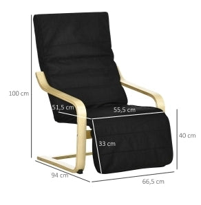 Poltrona Relax a Dondolo in Legno di Betulla con Poggiapiedi Regolabile, Rivestimento in Tessuto di Cotone Nero, Dimensioni 66,5x94x100 cm