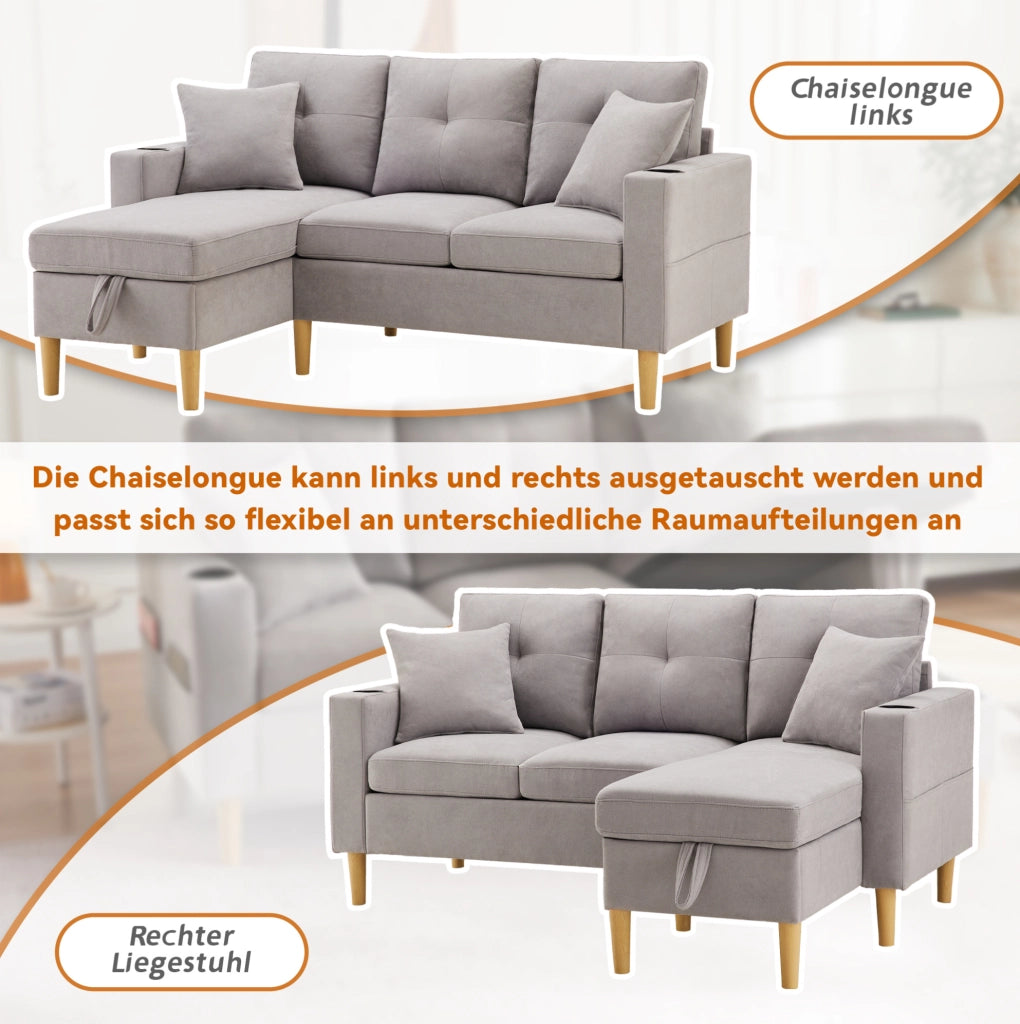 Divano angolare ULEVR 3 posti 175x129 cm con chaise longue reversibile, vano contenitore e portabevande, grigio chiaro