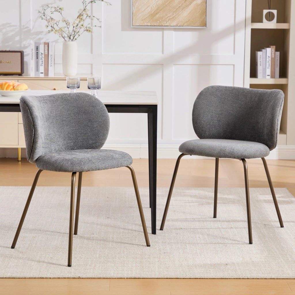 Sedia da pranzo in chenille moderna - Zephmum- Schienale curvo comodo gambe in bronzo, set di 2, grigio