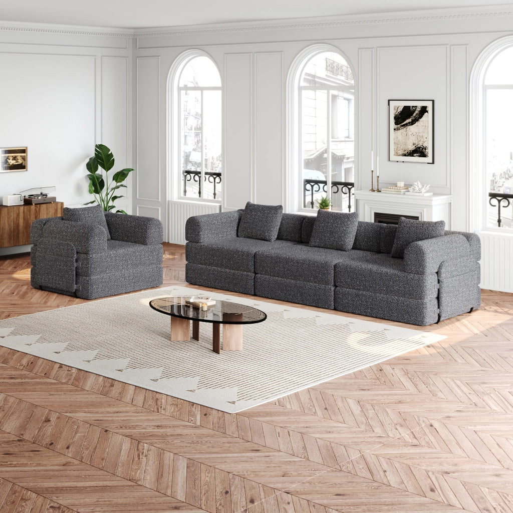 Divano letto modulare 2 in 1 con vano portaoggetti nel bracciolo e base antiscivolo in ciniglia grigio