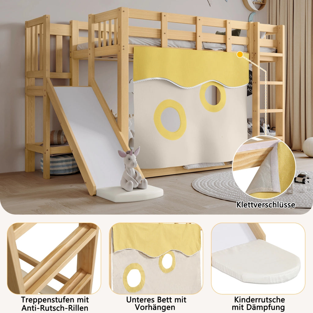 Letto a castello per bambini 90 × 200 cm con scala scivolo tende e protezione anticaduta in legno naturale